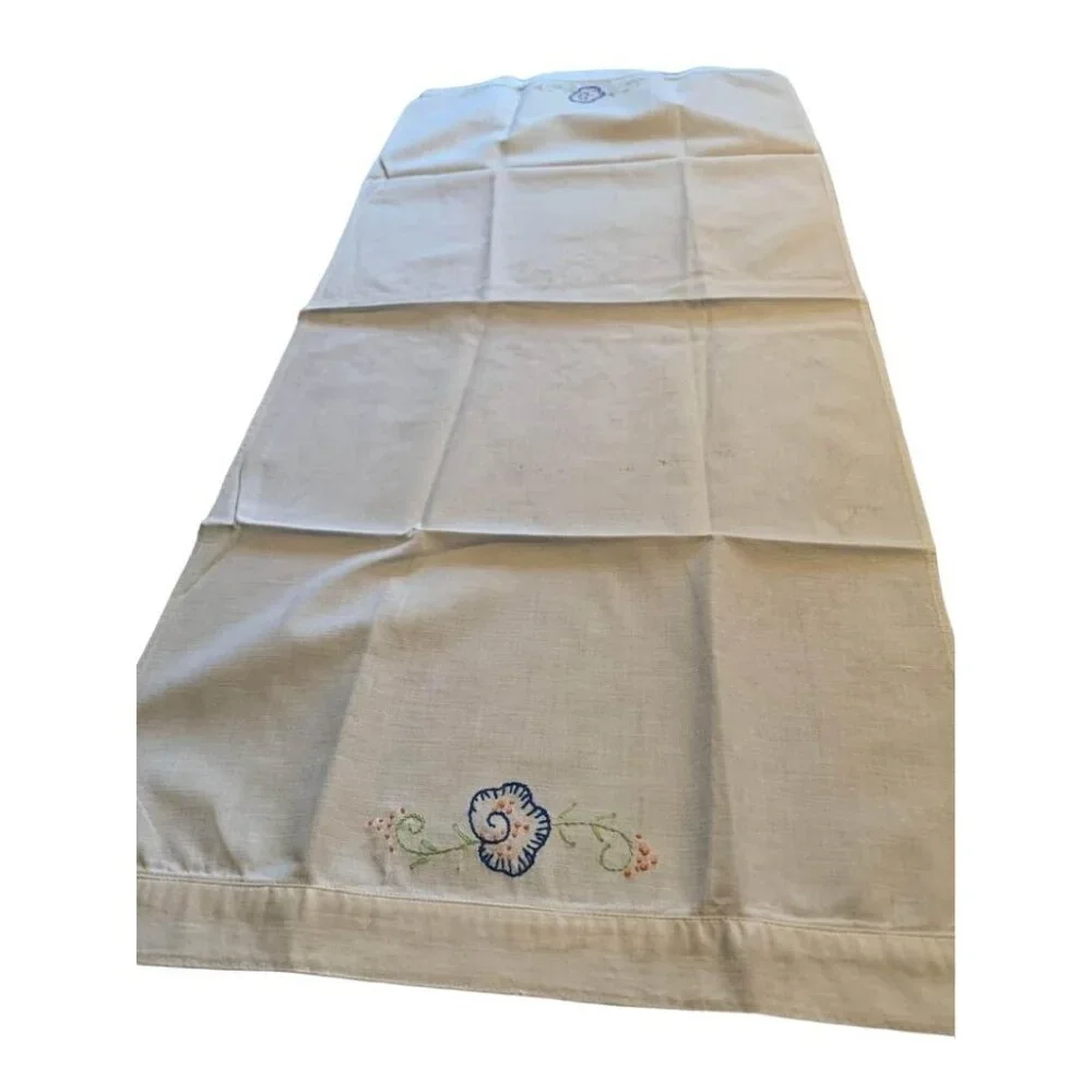 Hand Embroidered Cotton Floral Towel Vintage Cream Blue & Orange Accents